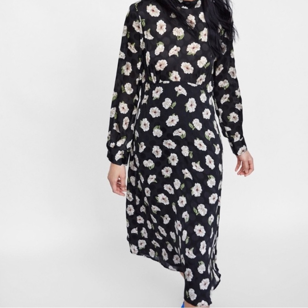 ZARA BLACK FLORAL PRINT JACQUARD LONG DRESS